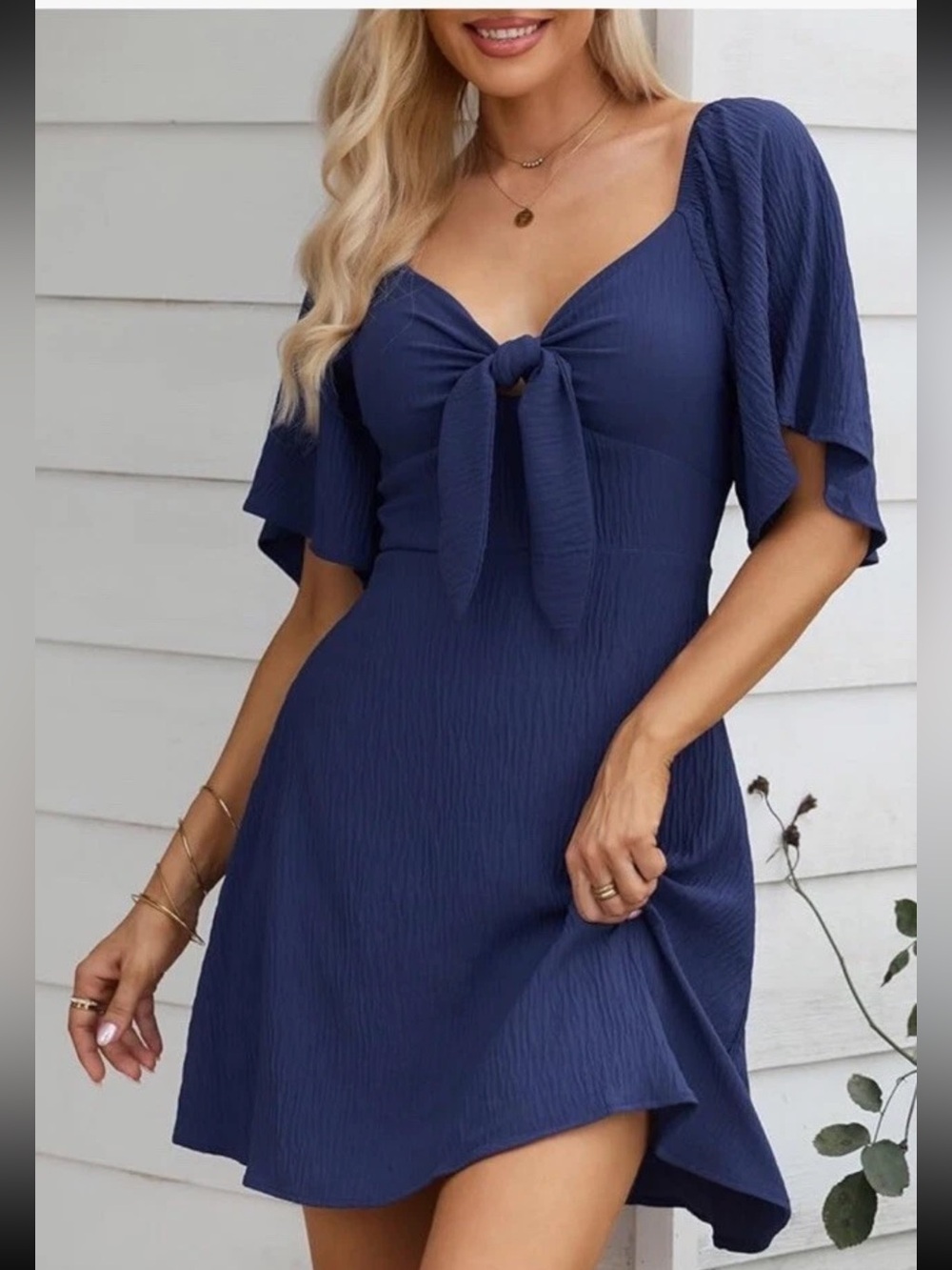 Dokotoo Deep V Neck Elegant Bow Tie Mini Dress Royal Blue XL
